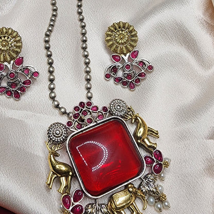 Oxidized Silver Necklace and Earrings Set with Assorted color  Stone, Elephant Motifs, and Pearl Accents