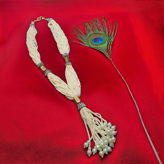 Handcrafted Pearl Beaded Multi-Strand Necklace Set | Traditional Indian Jewelry | Tassel Necklace with Gold Accents | Ethnic Statement Necklace