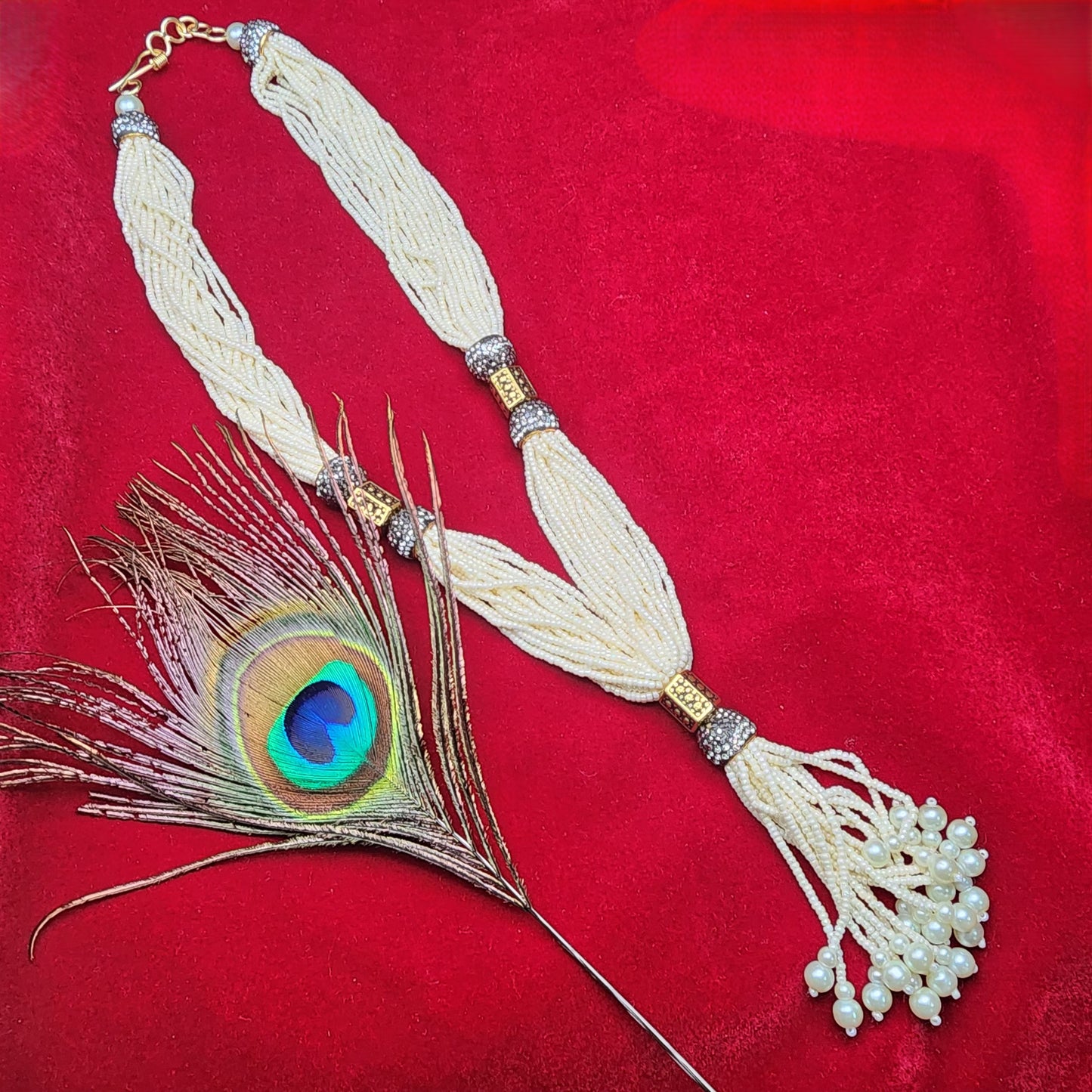 Handcrafted Pearl Beaded Multi-Strand Necklace Set | Traditional Indian Jewelry | Tassel Necklace with Gold Accents | Ethnic Statement Necklace