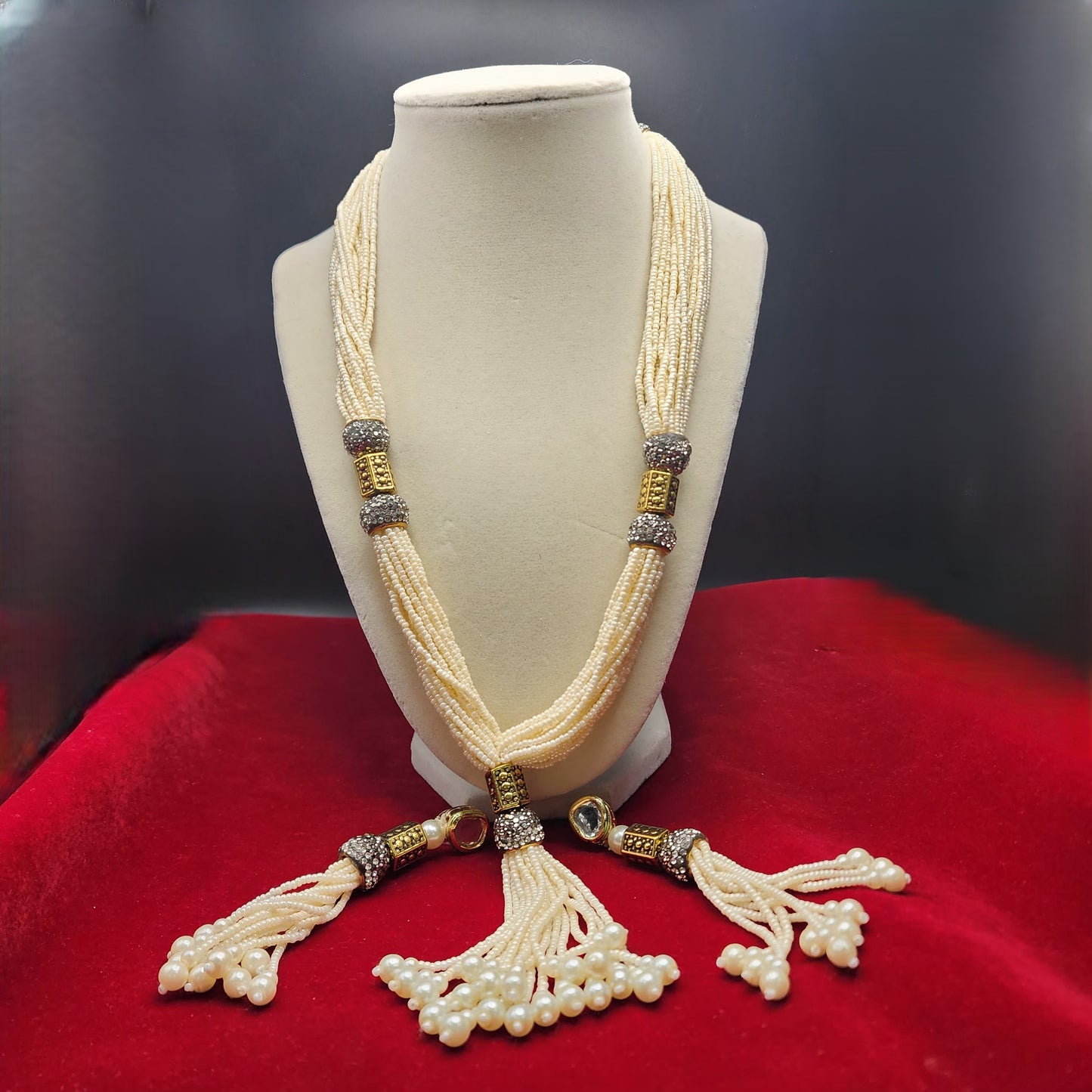 Handcrafted Pearl Beaded Multi-Strand Necklace Set | Traditional Indian Jewelry | Tassel Necklace with Gold Accents | Ethnic Statement Necklace