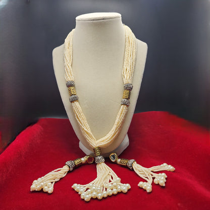 Handcrafted Pearl Beaded Multi-Strand Necklace Set | Traditional Indian Jewelry | Tassel Necklace with Gold Accents | Ethnic Statement Necklace