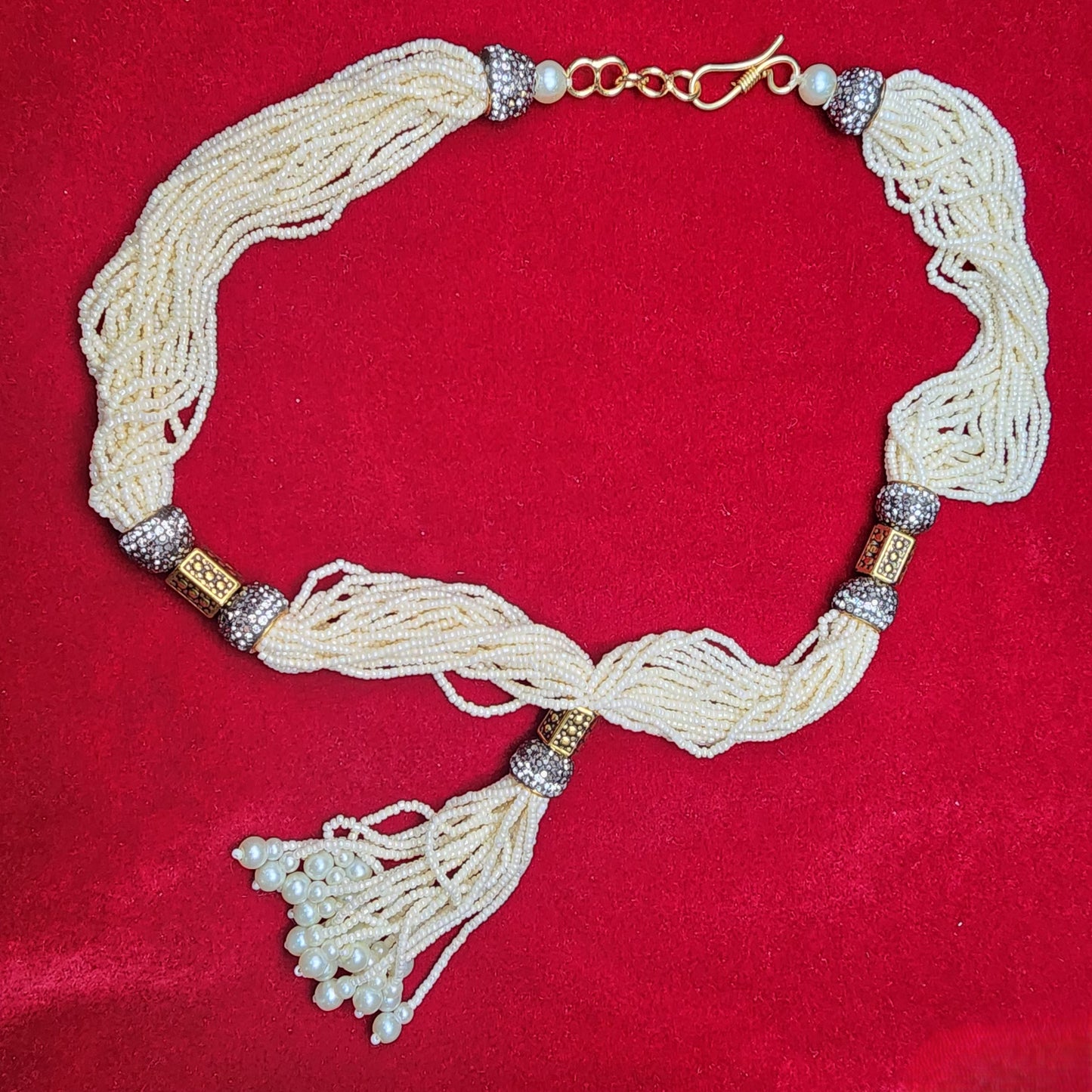 Handcrafted Pearl Beaded Multi-Strand Necklace Set | Traditional Indian Jewelry | Tassel Necklace with Gold Accents | Ethnic Statement Necklace