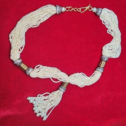 Handcrafted Pearl Beaded Multi-Strand Necklace Set | Traditional Indian Jewelry | Tassel Necklace with Gold Accents | Ethnic Statement Necklace