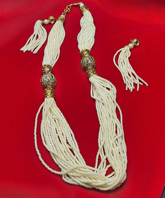 Royal Kundan-Inspired Multistrand Pearl Bead Necklace with Earrings