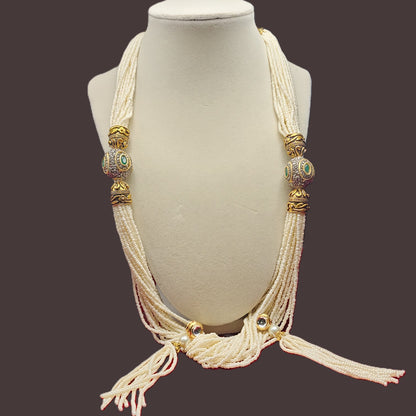 Royal Kundan-Inspired Multistrand Pearl Bead Necklace with Earrings
