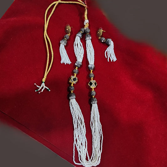 Traditional Pearl Beaded Kundan Necklace Set with Earrings – White & Gold Bridal Jewelry