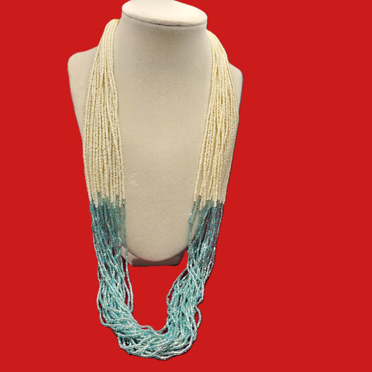 Elegant Off-White & Aqua Ombré Beaded Necklace Set | Handmade Multistrand Glass Bead Jewelry | Traditional Indian Bridal Set | Gift for Her