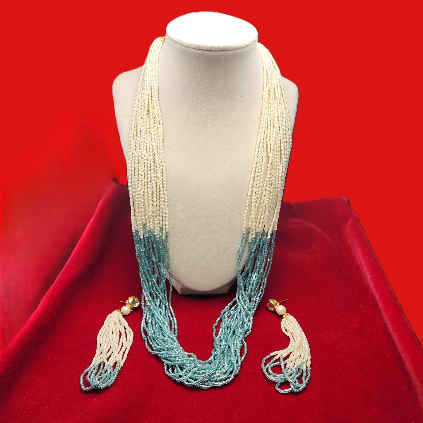 Elegant Off-White & Aqua Ombré Beaded Necklace Set | Handmade Multistrand Glass Bead Jewelry | Traditional Indian Bridal Set | Gift for Her