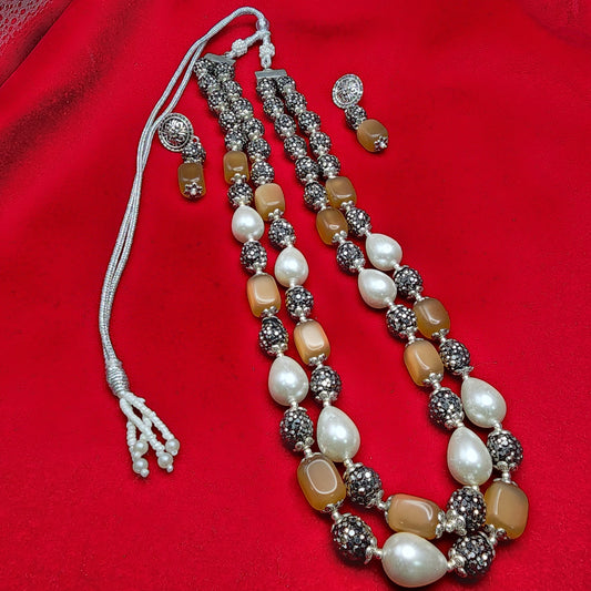 Elegant Dual-Strand Pearl & Golden Onyx Necklace Set | Oxidized Silver Beaded Design with Earrings