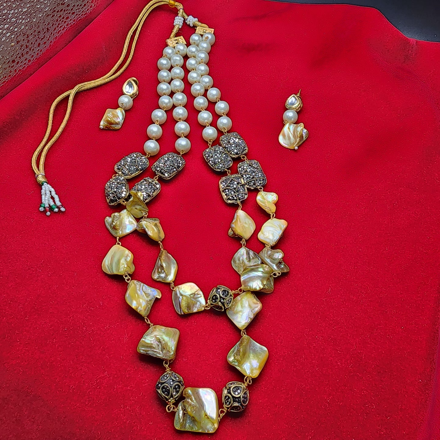 Bold Pearl & Black Crystal Designer Necklace Set | Antique Silver Accents | Festival & Bridal Jewelry|Best Seller| Gift for Her