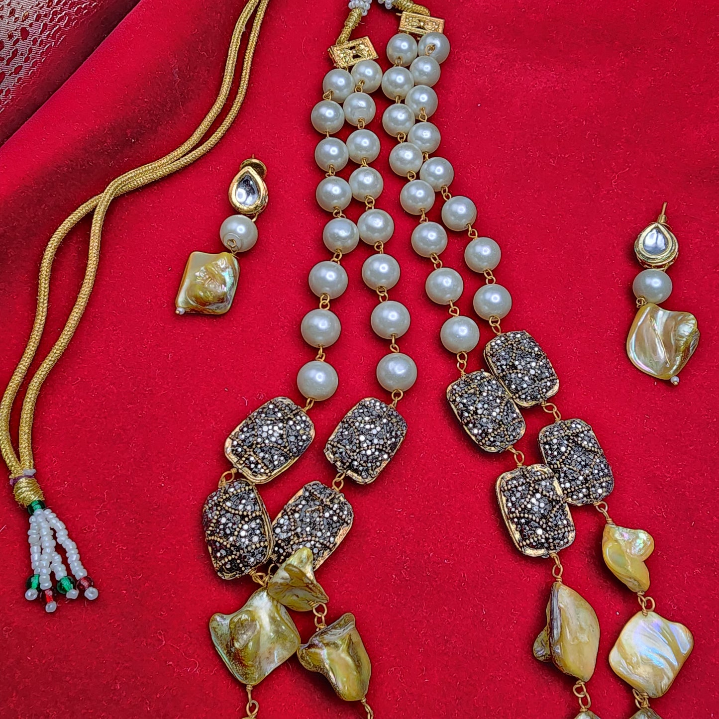 Bold Pearl & Black Crystal Designer Necklace Set | Antique Silver Accents | Festival & Bridal Jewelry|Best Seller| Gift for Her