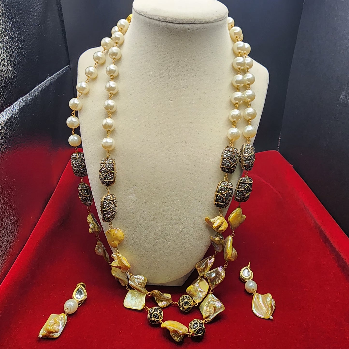 Bold Pearl & Black Crystal Designer Necklace Set | Antique Silver Accents | Festival & Bridal Jewelry|Best Seller| Gift for Her