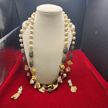 Bold Pearl & Black Crystal Designer Necklace Set | Antique Silver Accents | Festival & Bridal Jewelry|Best Seller| Gift for Her