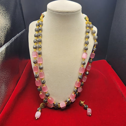 Blush Pink & Golden Bead Double-Strand Necklace Set | Elegant Ethnic Jewelry with Matching Earrings