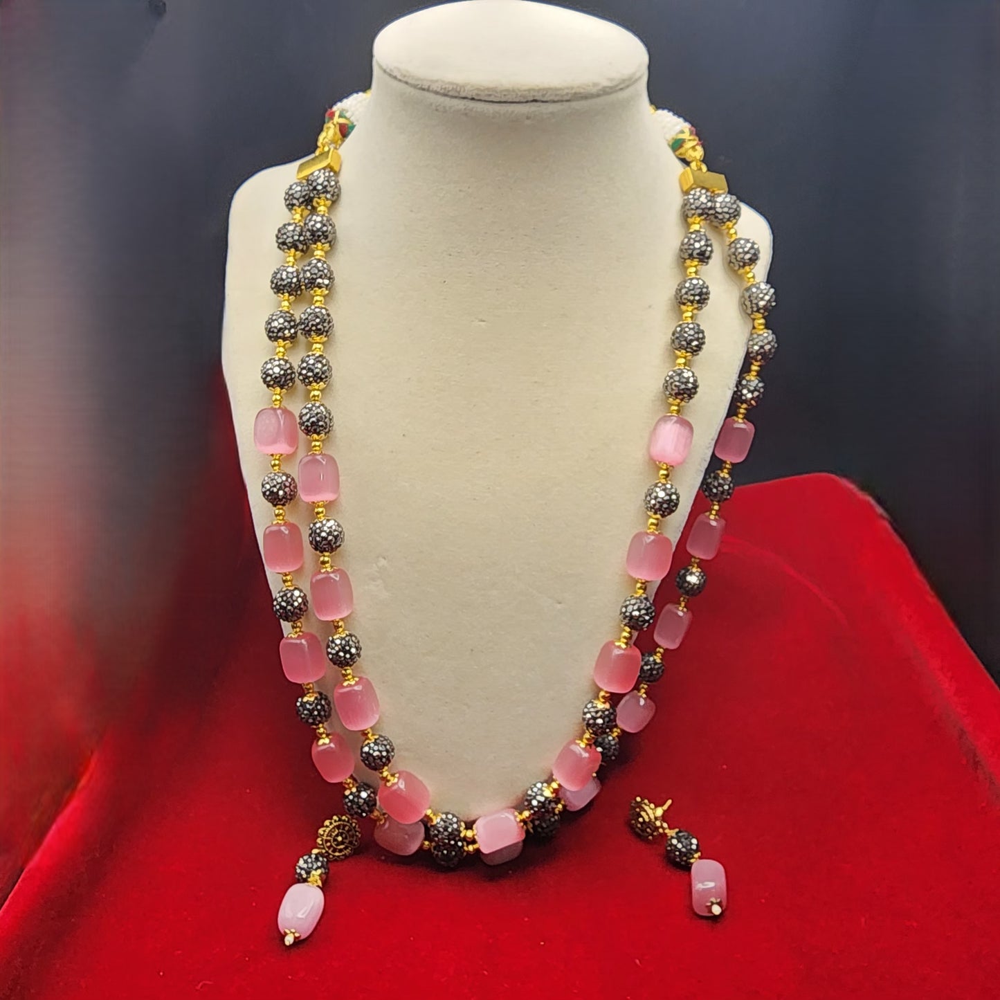 Blush Pink & Golden Bead Double-Strand Necklace Set | Elegant Ethnic Jewelry with Matching Earrings