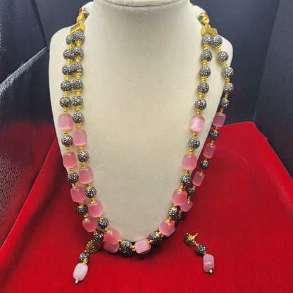 Blush Pink & Golden Bead Double-Strand Necklace Set | Elegant Ethnic Jewelry with Matching Earrings