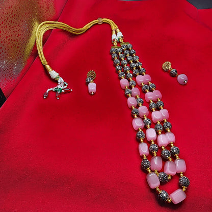 Blush Pink & Golden Bead Double-Strand Necklace Set | Elegant Ethnic Jewelry with Matching Earrings