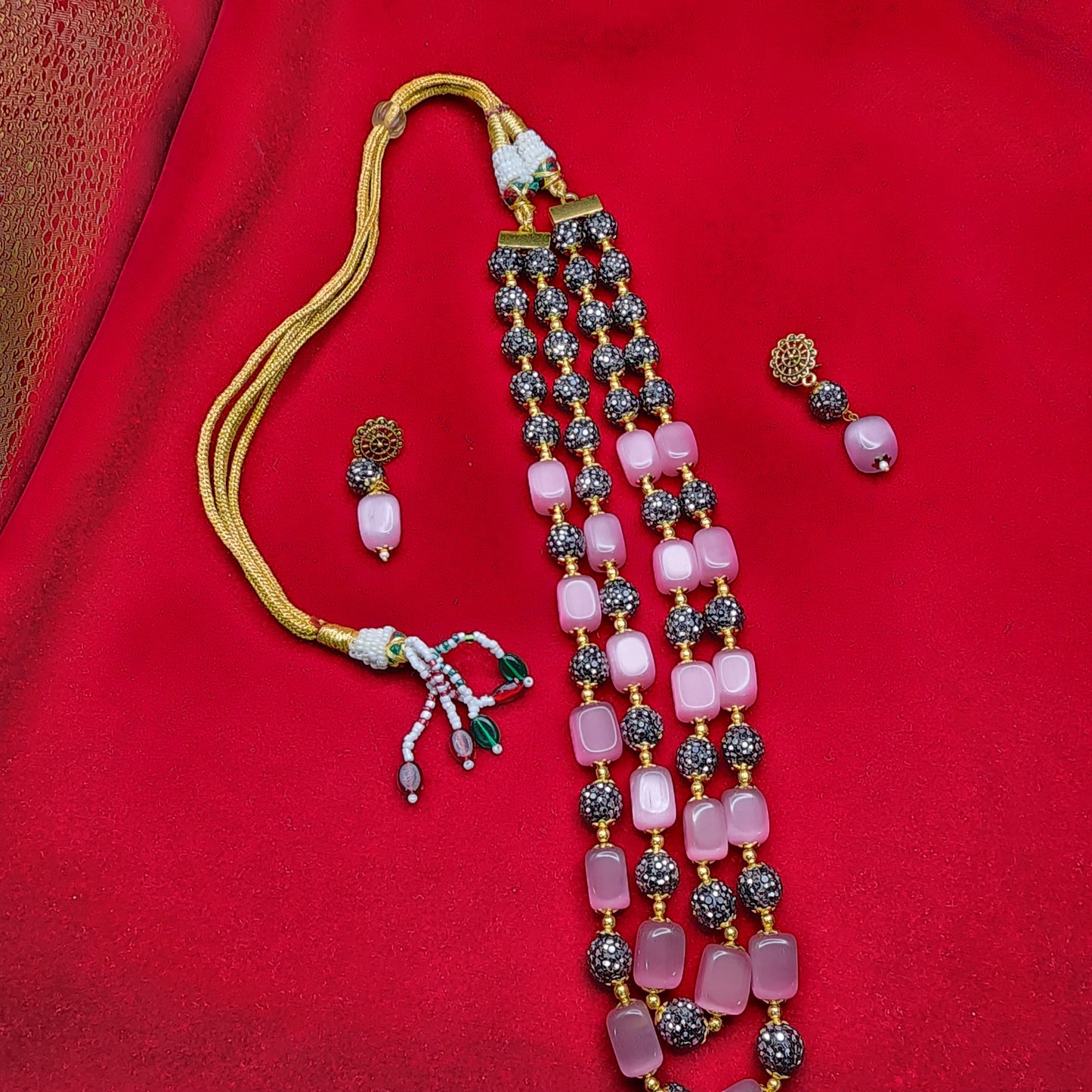 Blush Pink & Golden Bead Double-Strand Necklace Set | Elegant Ethnic Jewelry with Matching Earrings