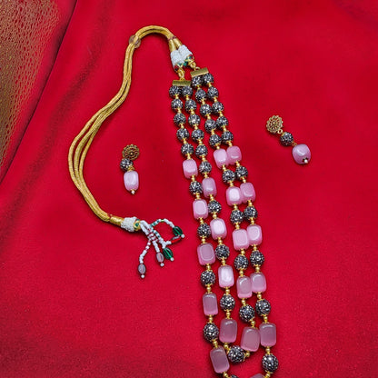 Blush Pink & Golden Bead Double-Strand Necklace Set | Elegant Ethnic Jewelry with Matching Earrings