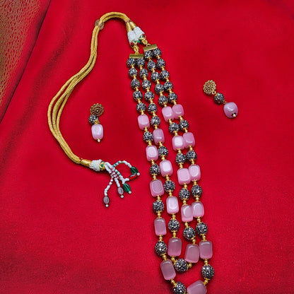 Blush Pink & Golden Bead Double-Strand Necklace Set | Elegant Ethnic Jewelry with Matching Earrings