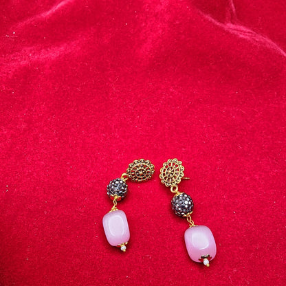 Blush Pink & Golden Bead Double-Strand Necklace Set | Elegant Ethnic Jewelry with Matching Earrings