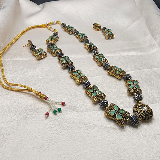 Antique Gold Green Pendant Necklace Set | Kundan Enamel Jewelry | Bridal Traditional Indian Jewelry | Handmade Festival Gift