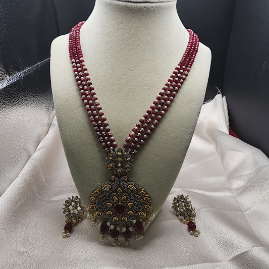 Regal Red Beaded Antique Pendant Necklace Set with Earrings |Best Seller |Exquisite Indian Jewelry set Birthday Gift |Wedding |Anniversary