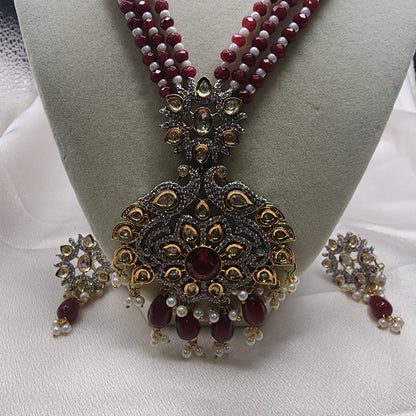 Regal Red Beaded Antique Pendant Necklace Set with Earrings |Best Seller |Exquisite Indian Jewelry set Birthday Gift |Wedding |Anniversary