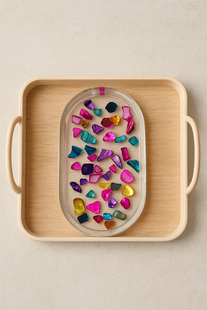 Handmade Resin Trinket Tray with Colorful Crushed Shell Chips – Oval Jewelry Holder, Boho Desk Decor, Unique Gift