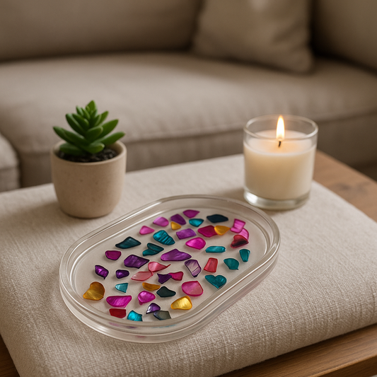 Handmade Resin Trinket Tray with Colorful Crushed Shell Chips – Oval Jewelry Holder, Boho Desk Decor, Unique Gift