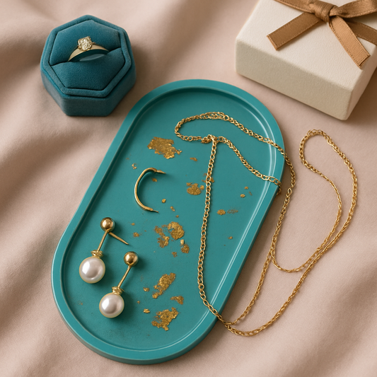 Turquoise with Gold leaf Resin Tray Handmade  – Oval Floral Trinket Dish for Jewelry & Decor