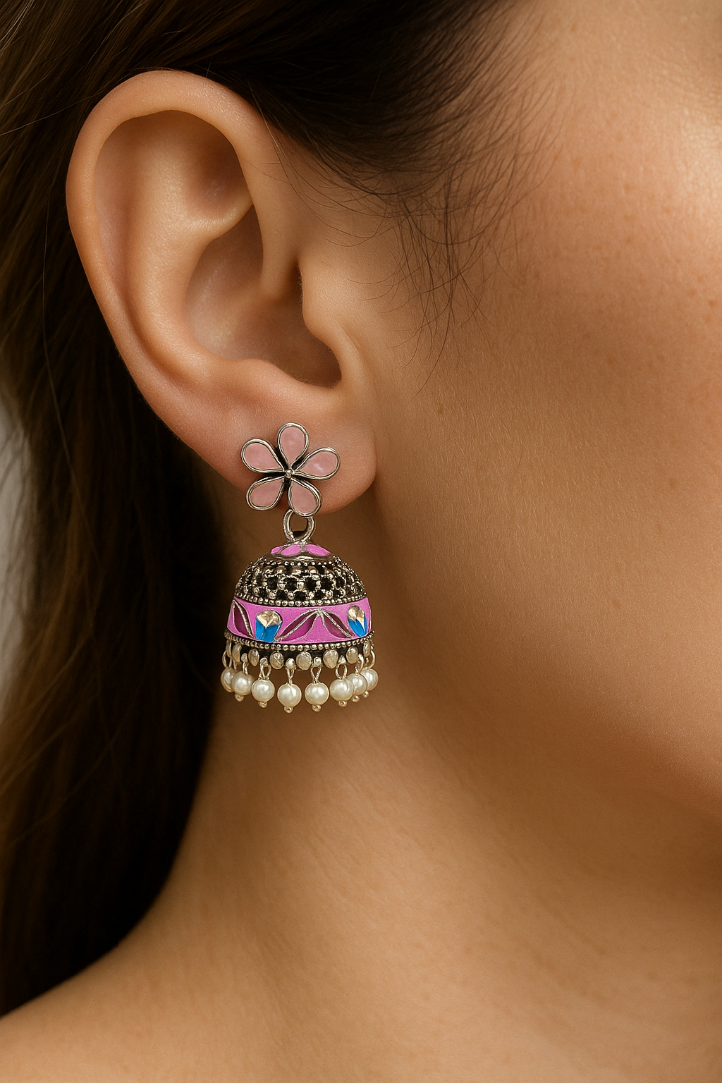 Pink Flower Stud Jhumka Earrings | Enamel & Pearl Indian Jewelry