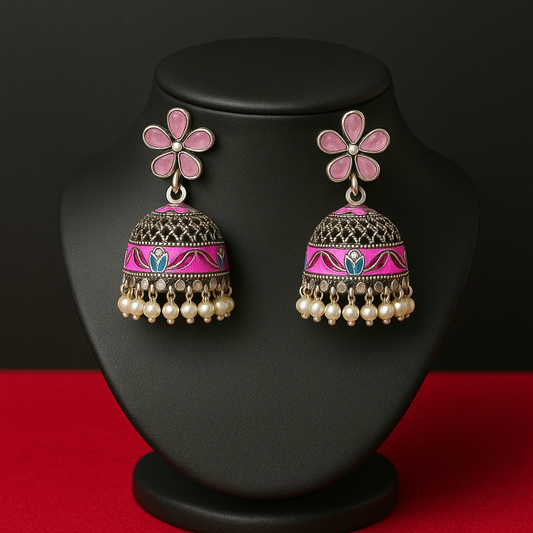 Pink Flower Stud Jhumka Earrings | Enamel & Pearl Indian Jewelry