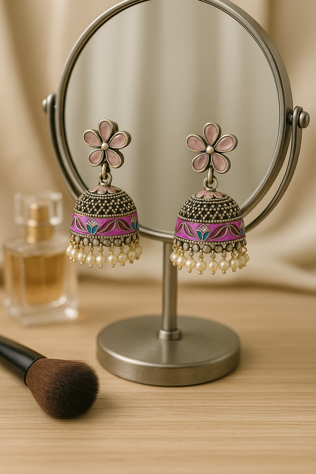 Pink Flower Stud Jhumka Earrings | Enamel & Pearl Indian Jewelry