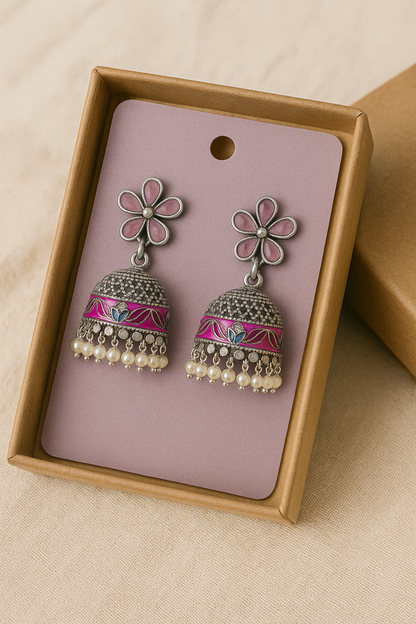 Pink Flower Stud Jhumka Earrings | Enamel & Pearl Indian Jewelry