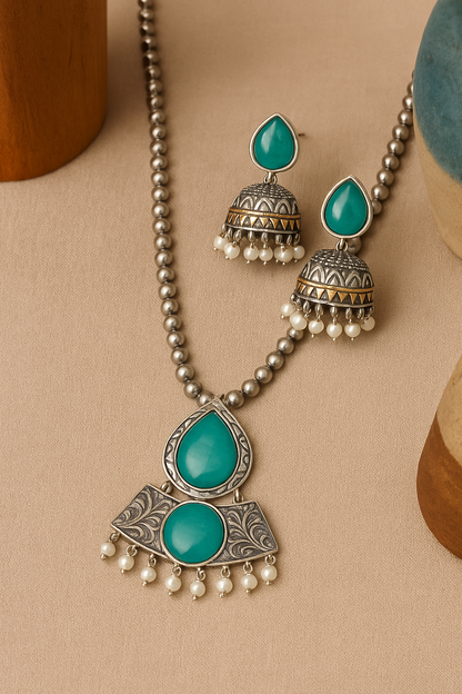 Antique Finish Necklace Set with Jhumka Earrings – Ethnic Pendant Jewelry – Pink, Teal, Orange Variants – Festival & Wedding Wear