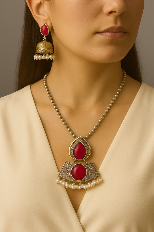 Antique Finish Necklace Set with Jhumka Earrings – Ethnic Pendant Jewelry – Pink, Teal, Orange Variants – Festival & Wedding Wear
