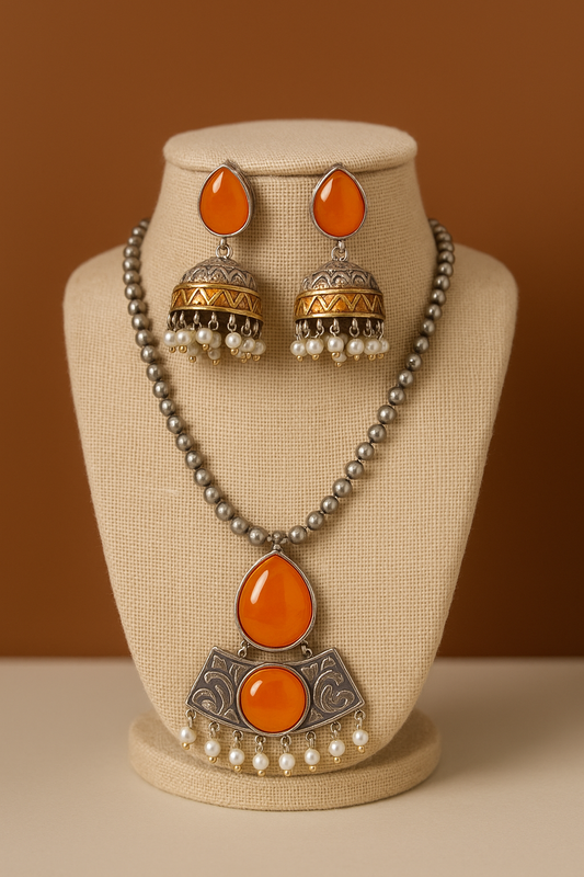 Antique Finish Necklace Set with Jhumka Earrings – Ethnic Pendant Jewelry – Pink, Teal, Orange Variants – Festival & Wedding Wear