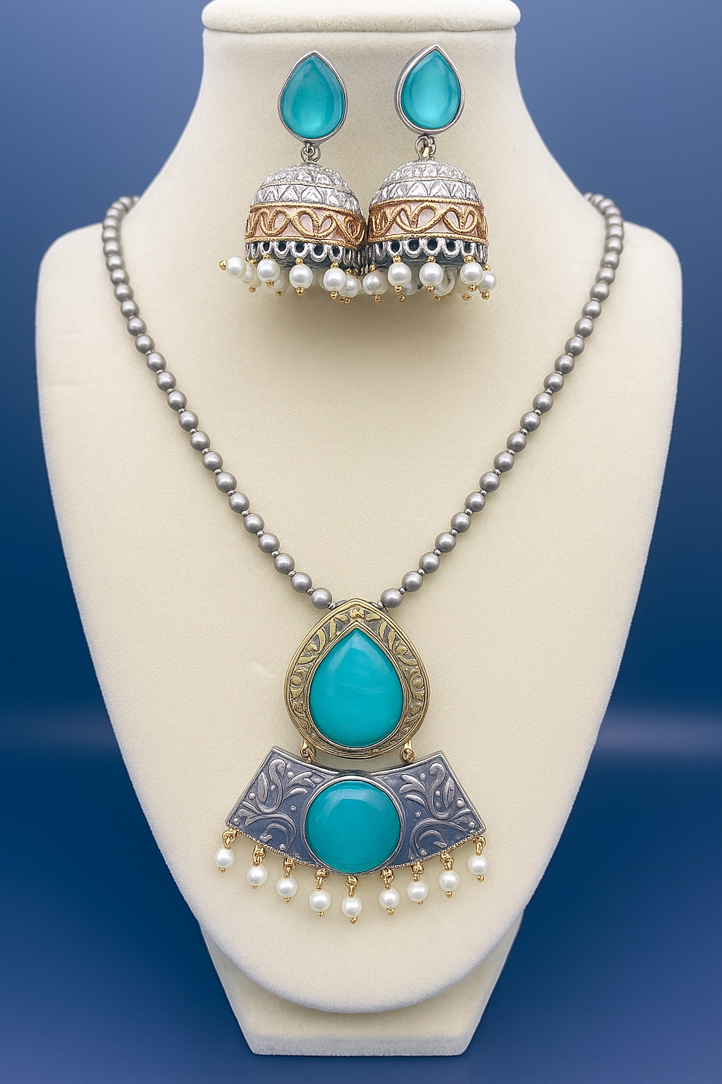 Antique Finish Necklace Set with Jhumka Earrings – Ethnic Pendant Jewelry – Pink, Teal, Orange Variants – Festival & Wedding Wear