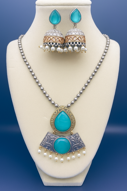 Antique Finish Necklace Set with Jhumka Earrings – Ethnic Pendant Jewelry – Pink, Teal, Orange Variants – Festival & Wedding Wear