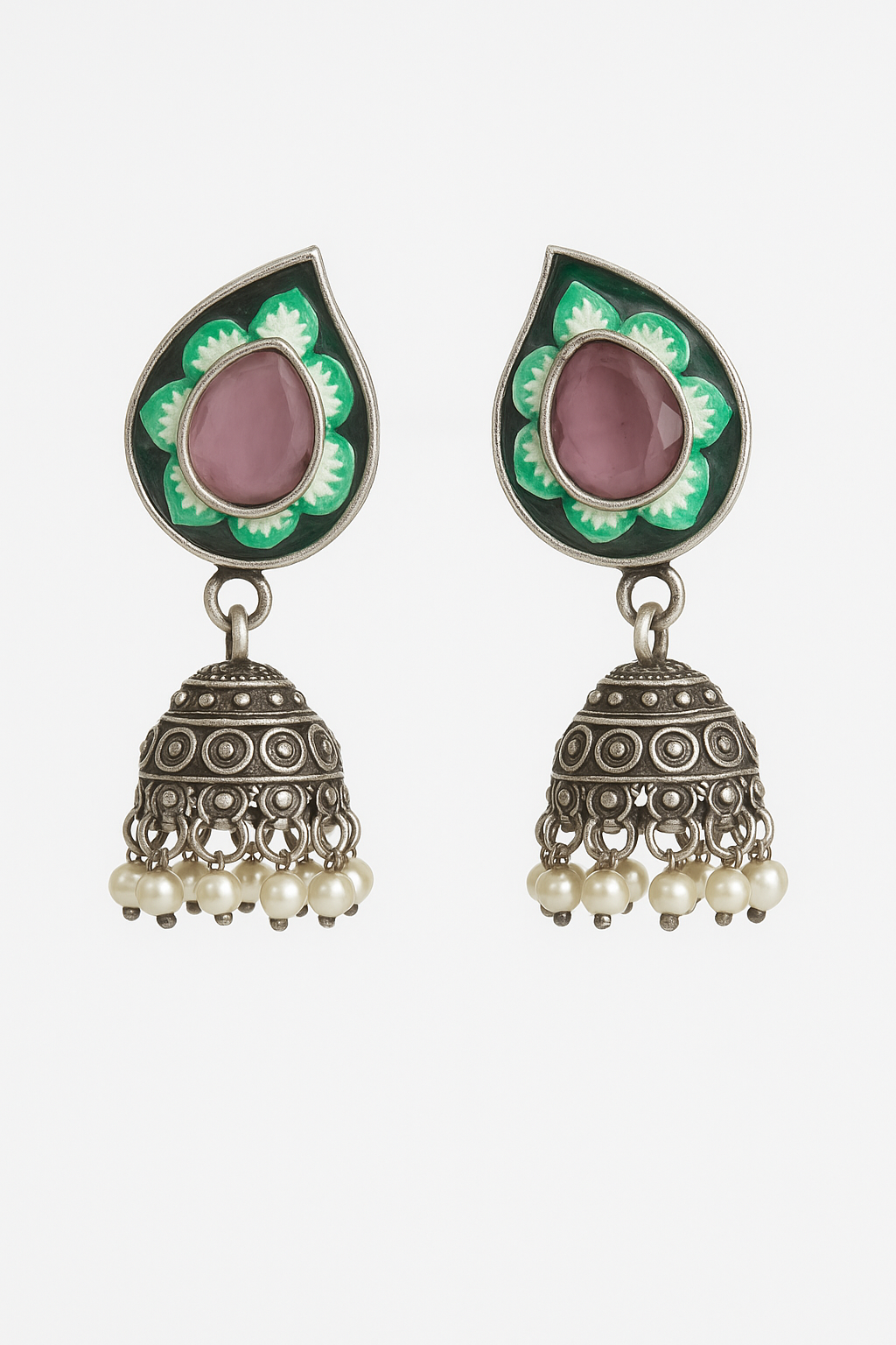 Antique Silver Tone Necklace and Earrings Set with Purple Stone Accents