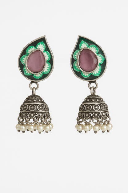 Antique Silver Tone Necklace and Earrings Set with Purple Stone Accents