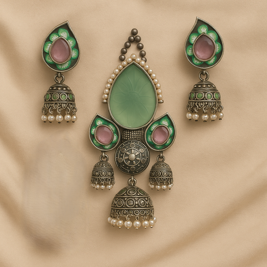 Antique Silver Tone Necklace and Earrings Set with Green Stone Accents