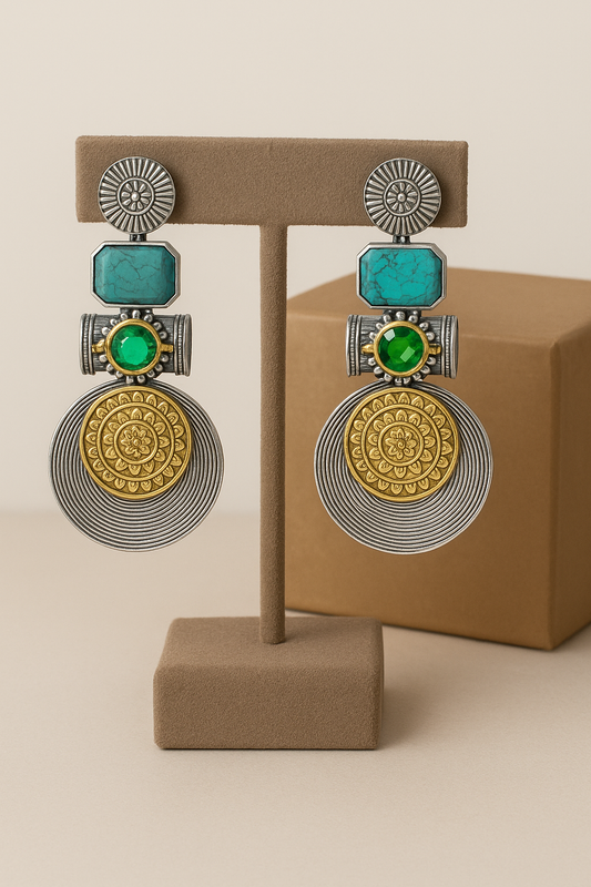 Silver Gold Onyx Earrings, Boho Statement Jewelry, Handmade-Teal