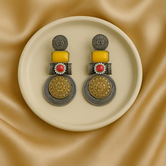 Bohemian Inspired Tiered Earrings with Ethnic Detailing & Gemstones