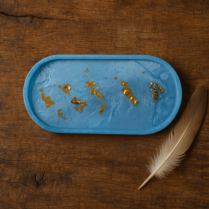 Elegant Blue & Gold Leaf Resin Jewelry Tray – Handmade Oval Trinket Dish for Rings & Earrings