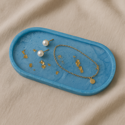Elegant Blue & Gold Leaf Resin Jewelry Tray – Handmade Oval Trinket Dish for Rings & Earrings