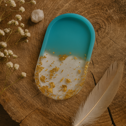 Elegant Purple & Gold Leaf Resin Jewelry Tray – Handmade Oval Trinket Dish for Rings & Earrings