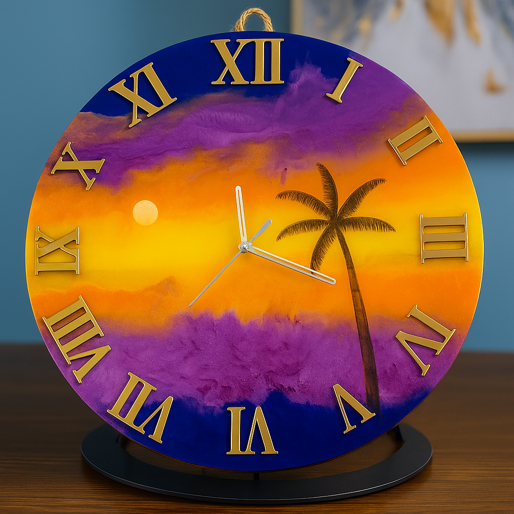 Tropical Sunset Resin Wall Clock with Palm Tree – 12" Artistic Home Decor