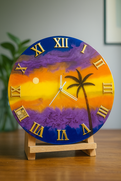 Tropical Sunset Resin Wall Clock with Palm Tree – 12" Artistic Home Decor